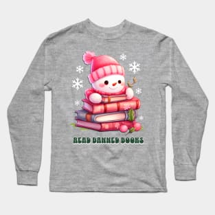 Read Banned Books LGBTQ Pride Christmas Pink Chibi Snowman Long Sleeve T-Shirt